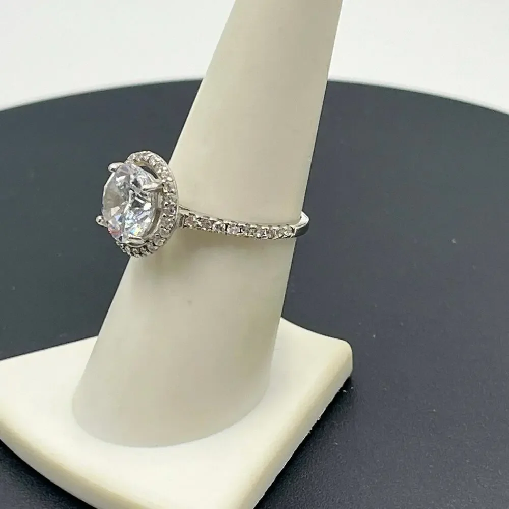 IBB 925‎ Silver Sparkling Cubic Zirconia Halo Solitaire Accent Ring Sz 7.5